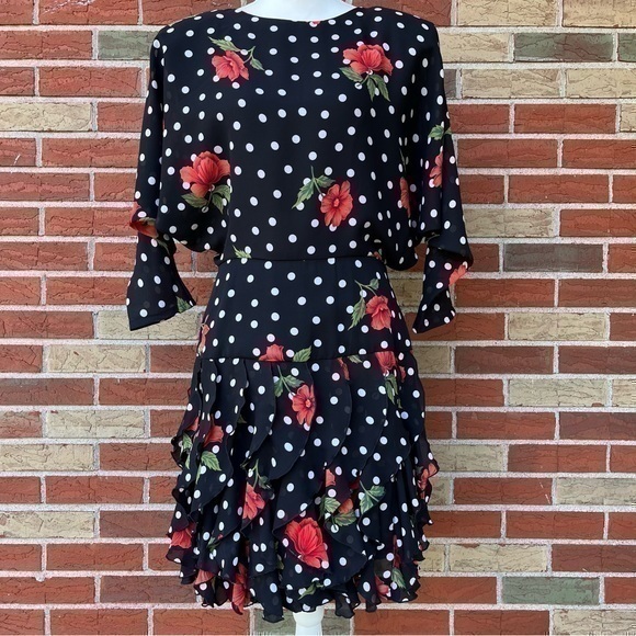 🔥 Vintage Positively Ellyn 80s 90s Polka Dot & Roses Black Red 3/4 Sleeve Dress - Picture 1 of 15